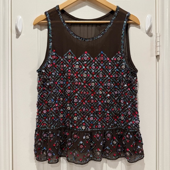 Anthropologie Carnation Lilly Blouse Women’s L Brown Sequin Beaded Sheer Boho - Picture 2 of 12